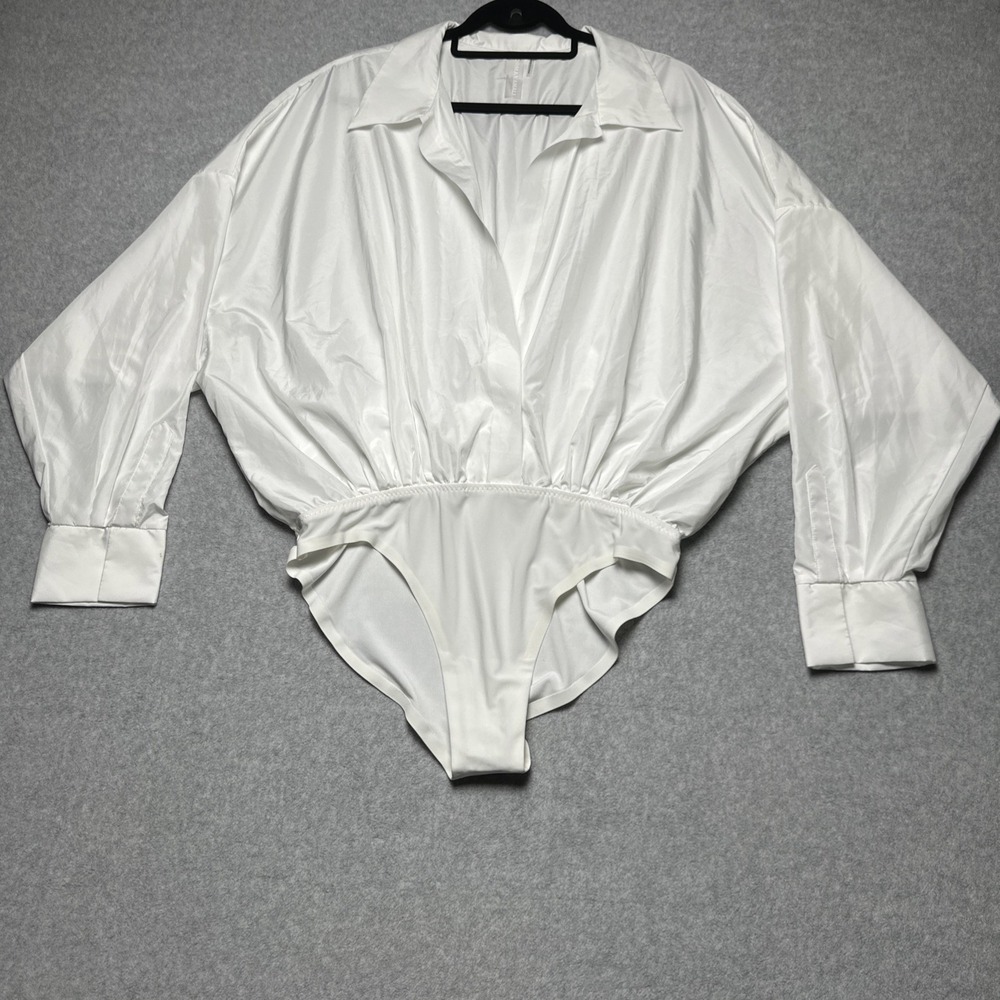 NWOT $325 NORMA KAMALI Super Oversized Boyfriend Shirt Bodysuit White Large/40